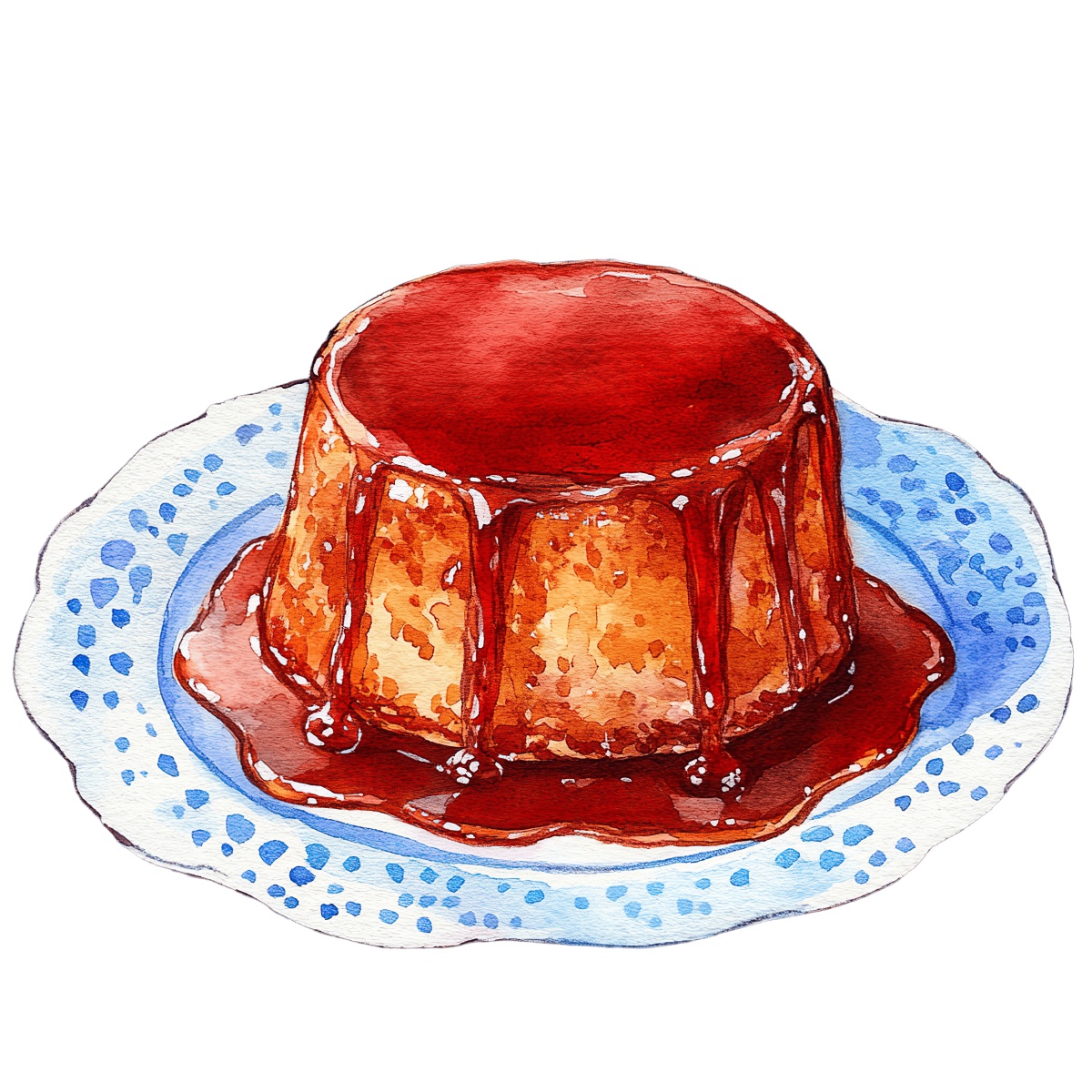 Caramel flan dessert with sauce on a blue patterned plate.