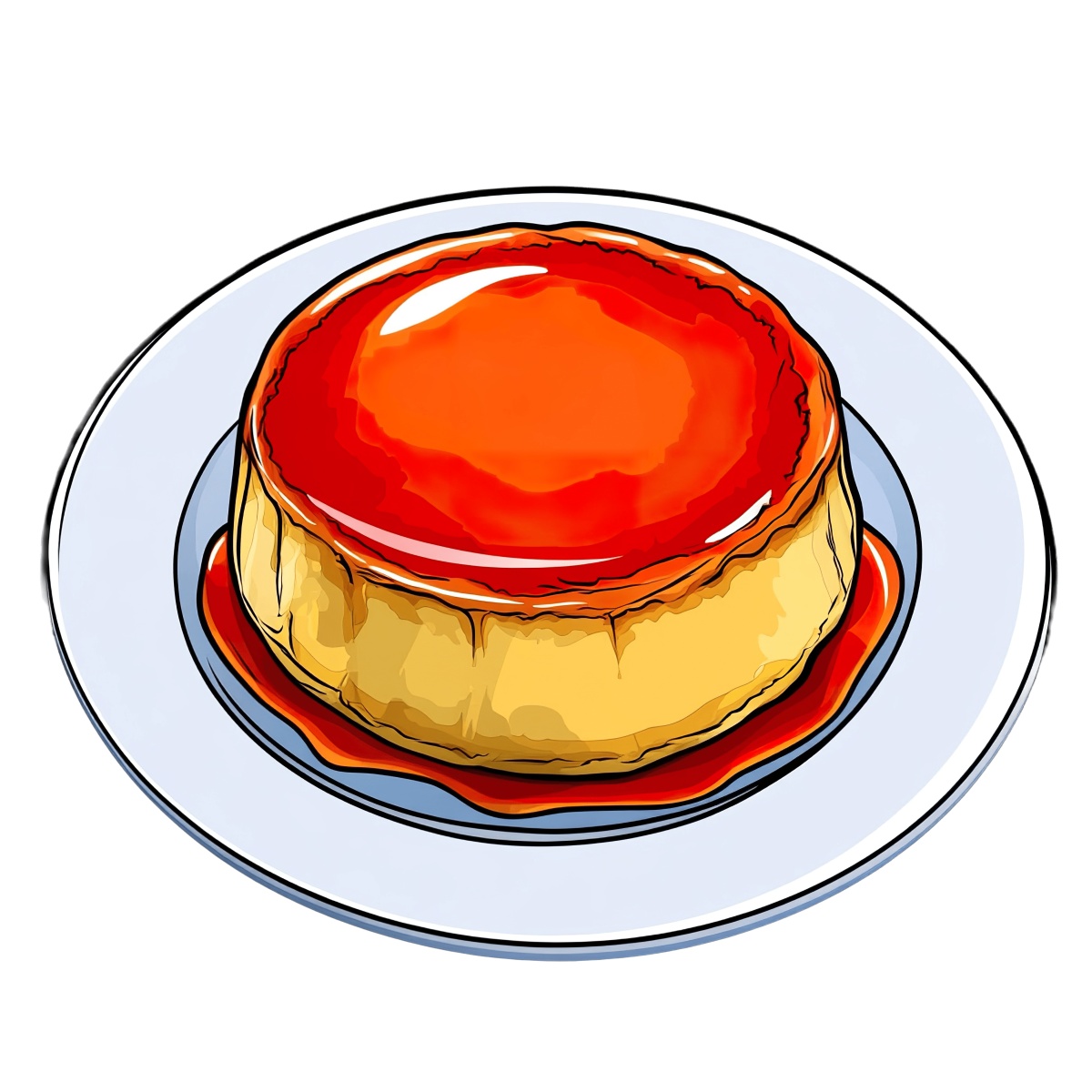 Caramel flan dessert on a white plate with caramel sauce.