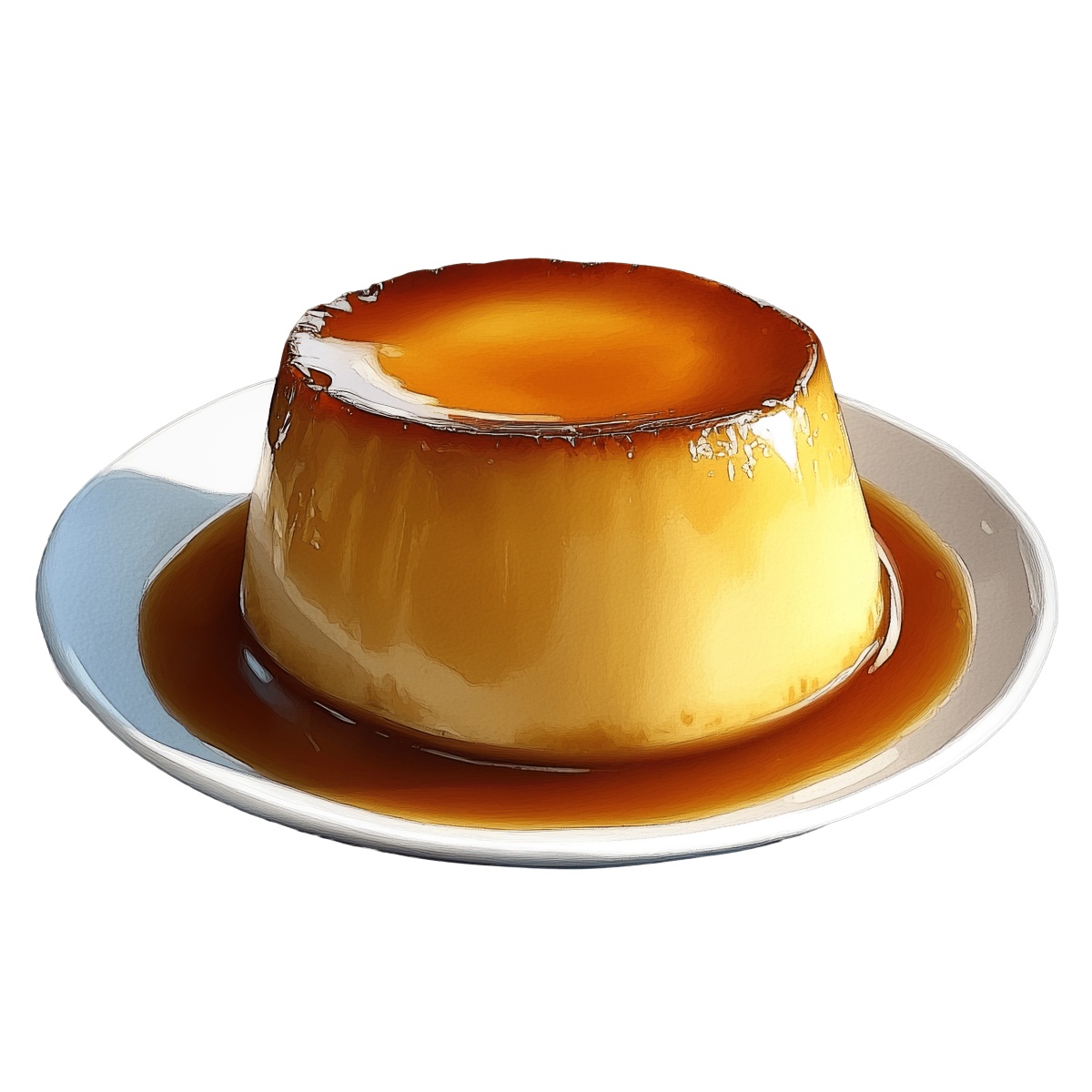 Caramel flan dessert on a white plate with syrup topping.