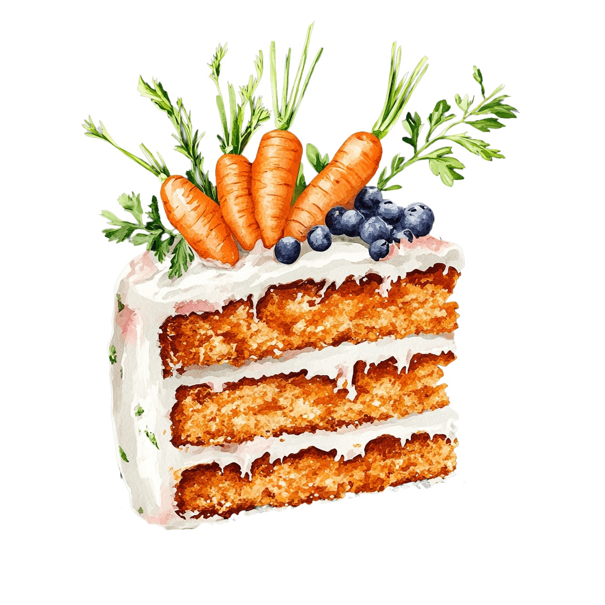 Carrot cake slice with blueberries and green garnish.