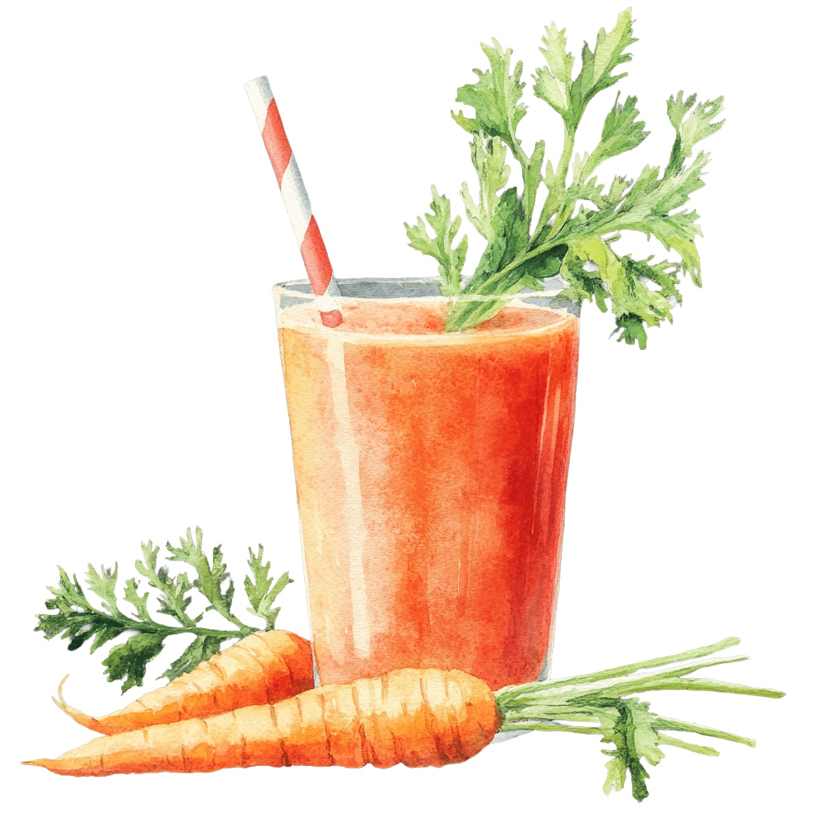 Glass of carrot juice with a straw and fresh carrots beside it.