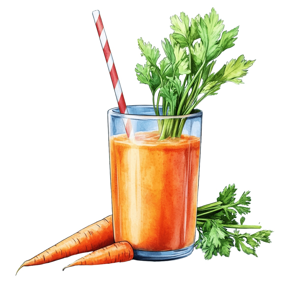 Glass of carrot juice with parsley garnish and striped straw.