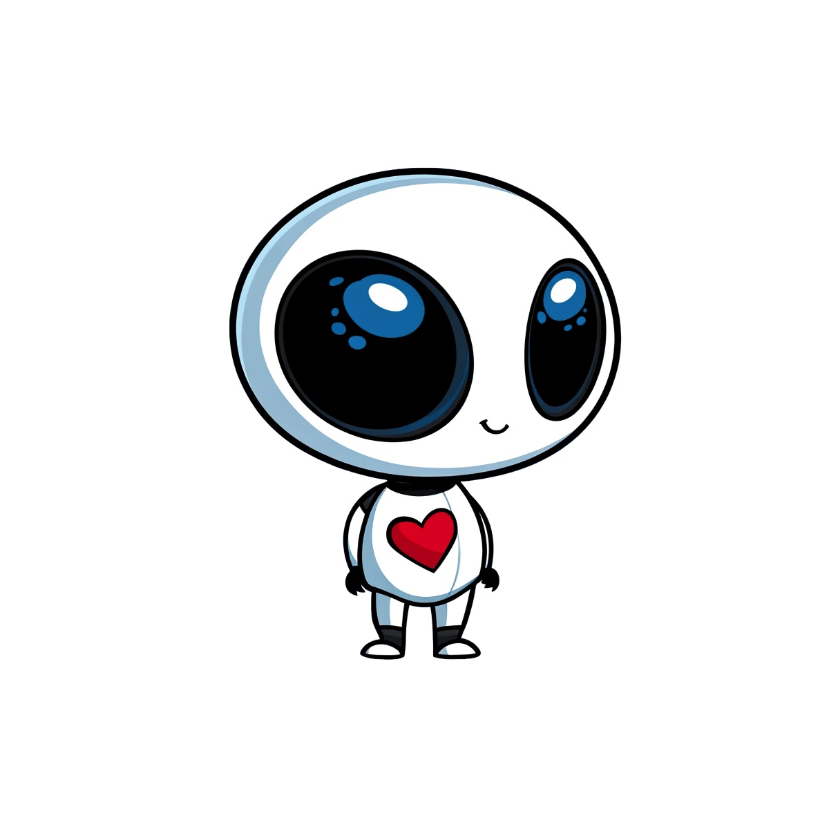 Cartoon alien character with large eyes and a heart symbol on its chest.