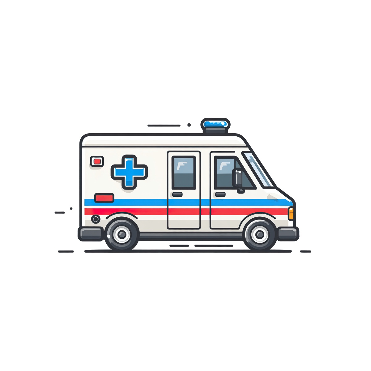 Cartoon ambulance with blue cross and red stripe