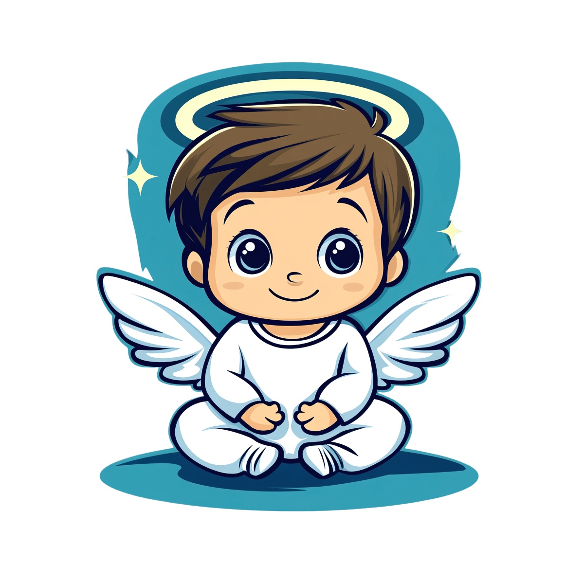 Cartoon angelic child with halo and wings sitting on a blue background.
