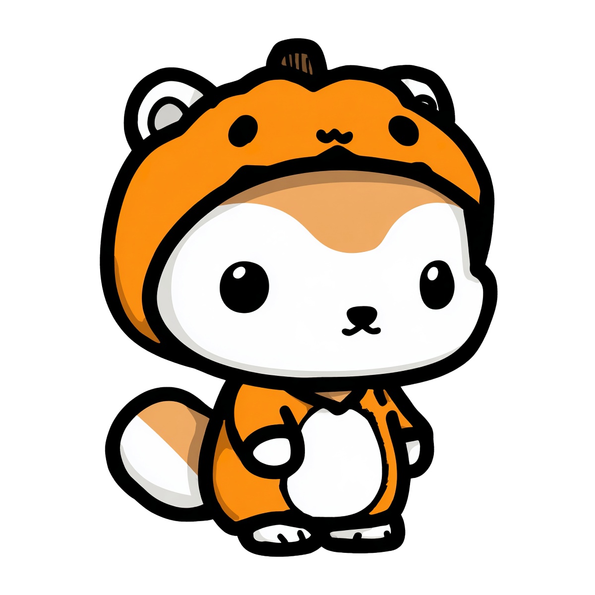 Animal character in an orange onesie with large eyes and small ears.