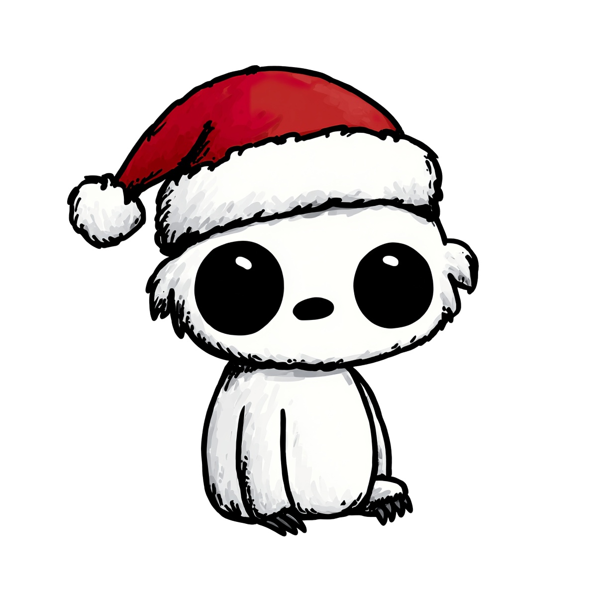 Cartoon animal with white fur and black eyes wearing a Santa hat.