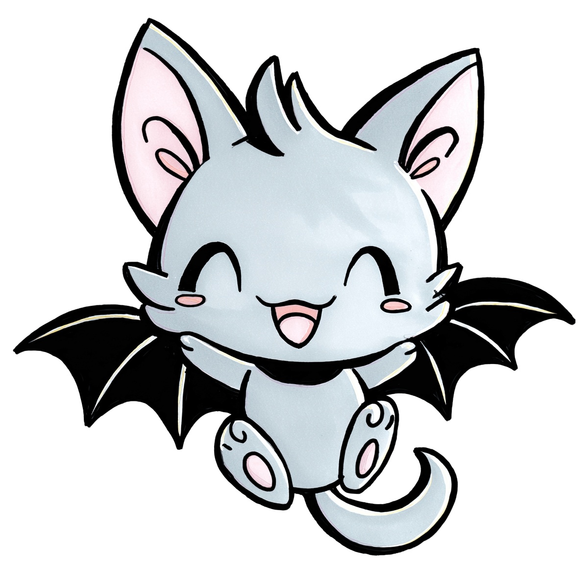 Cartoon bat with wings, pink ears, and a smiling face.