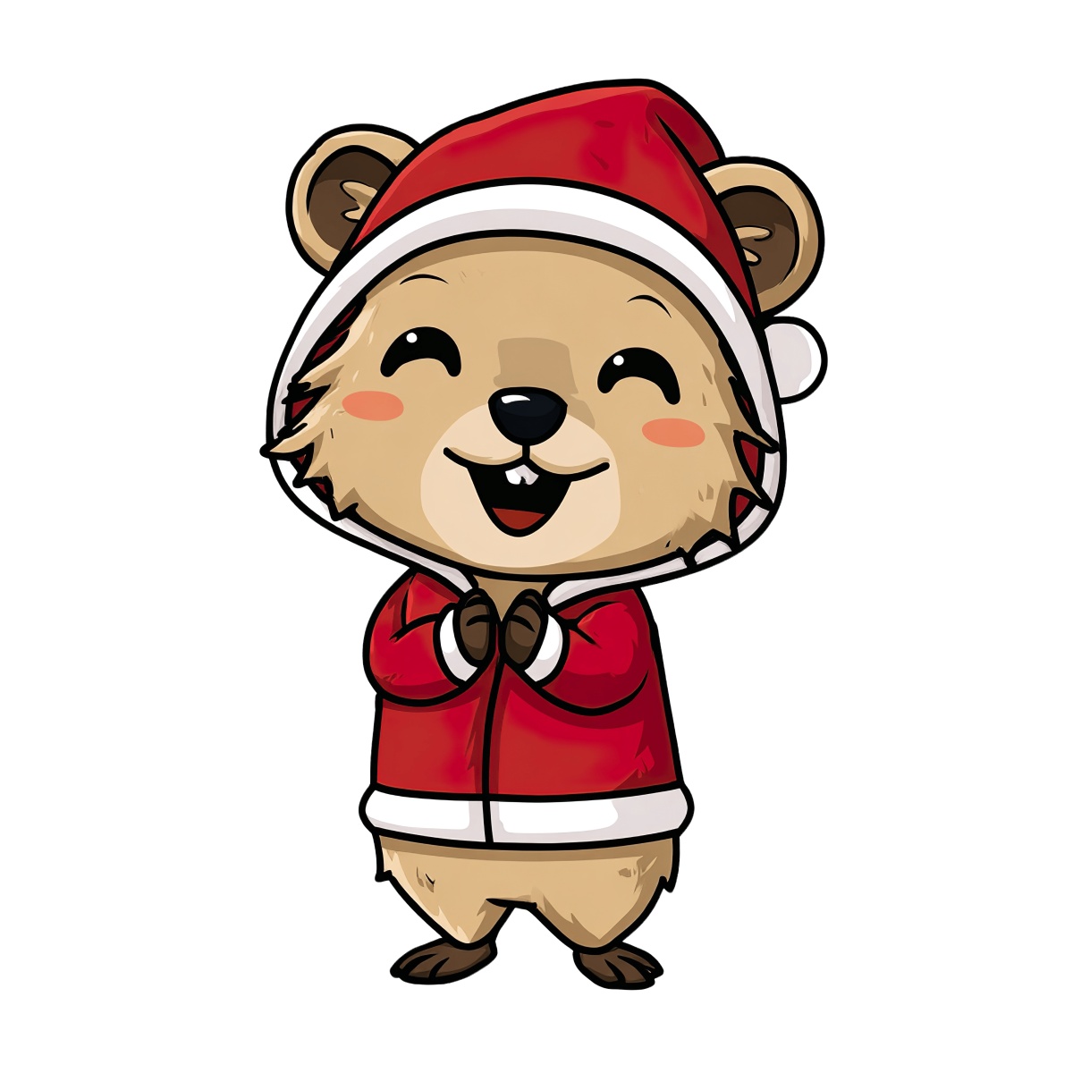 Bear in red Santa outfit with hat and light brown fur.