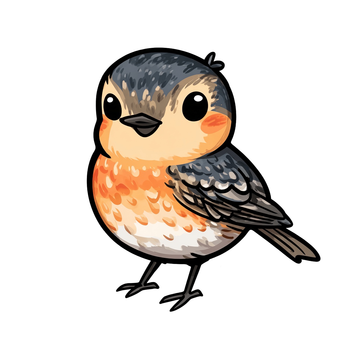 Cartoon bird with orange breast and gray feathers, round body, small beak.