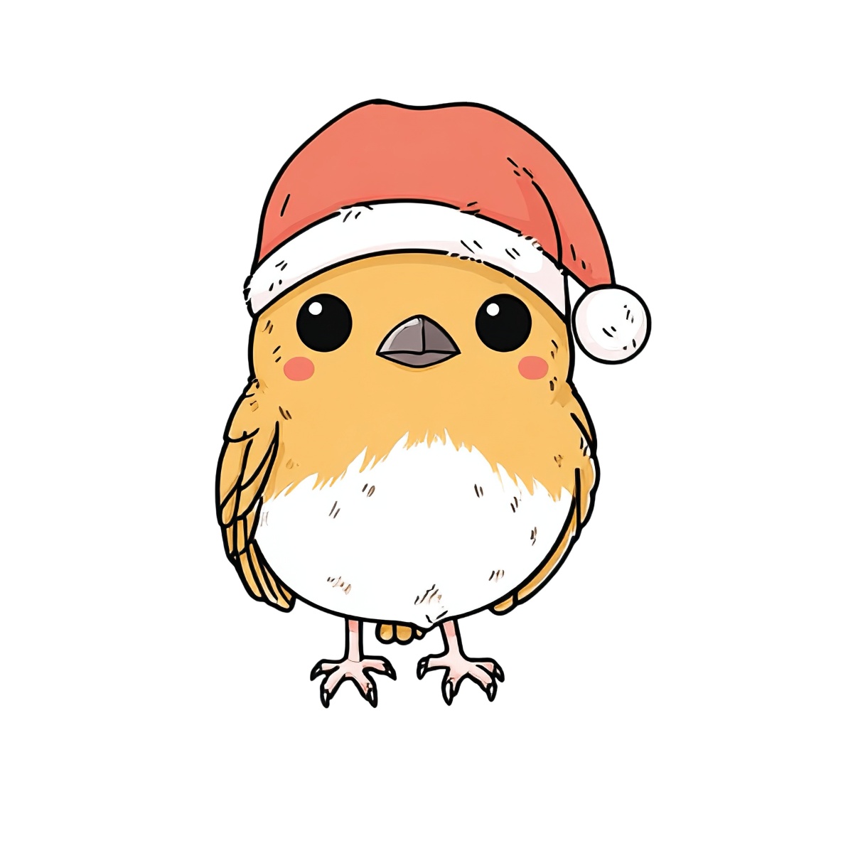 Cartoon bird wearing a Santa hat with orange and white feathers.