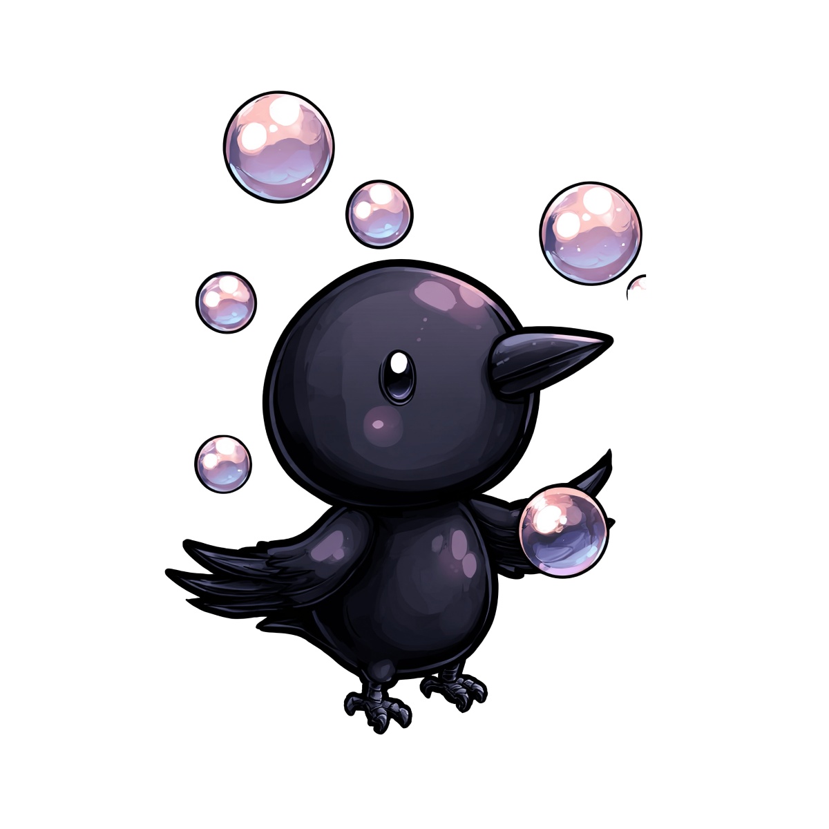 Cartoon black bird with bubbles around it in vector art style.
