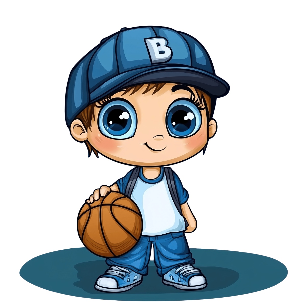 Cartoon boy in blue outfit holding a basketball on a blue background.