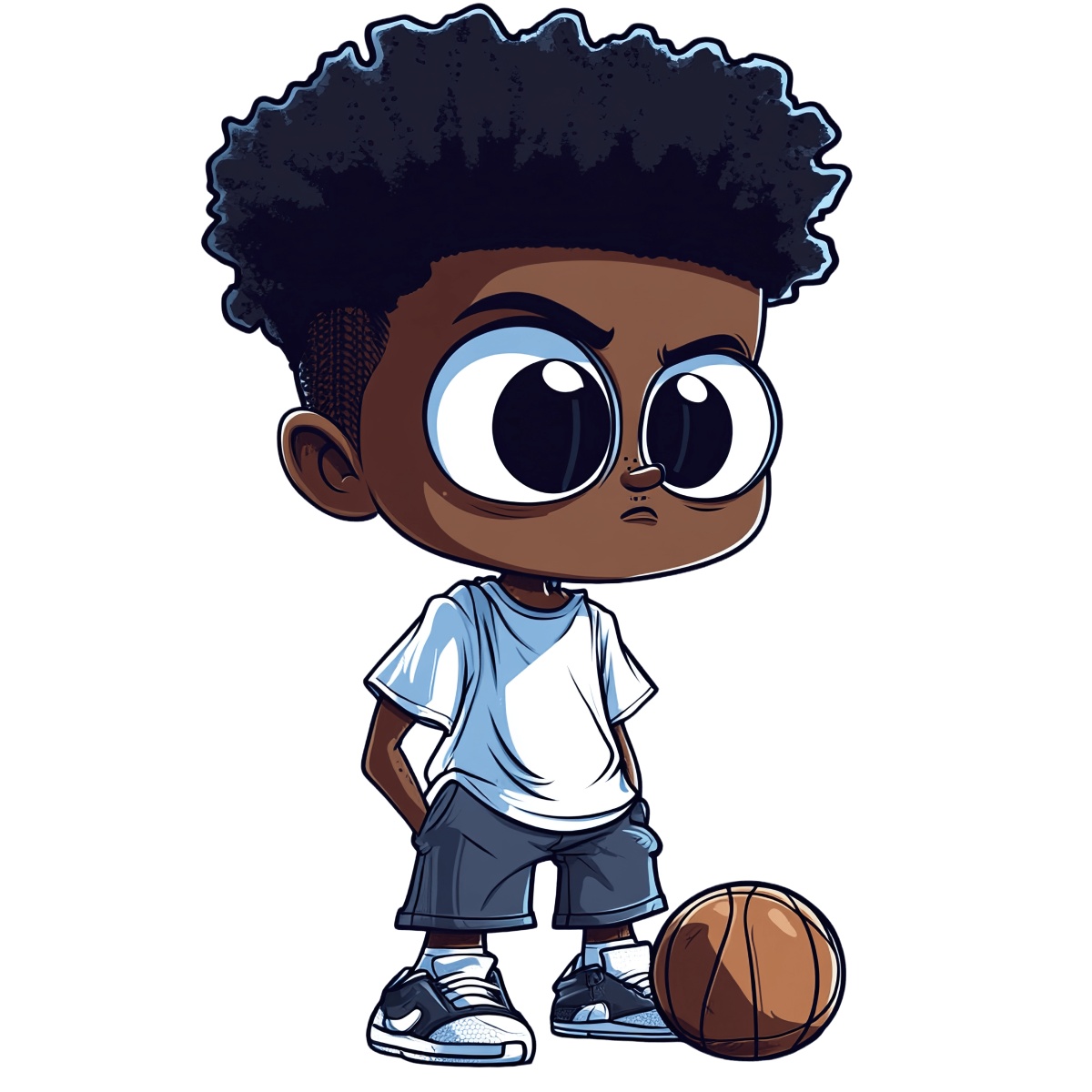 Cartoon boy standing with a basketball in casual attire.