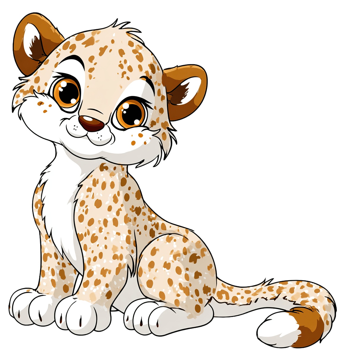 Cartoon-style leopard with brown spots, sitting upright, large eyes, long tail.