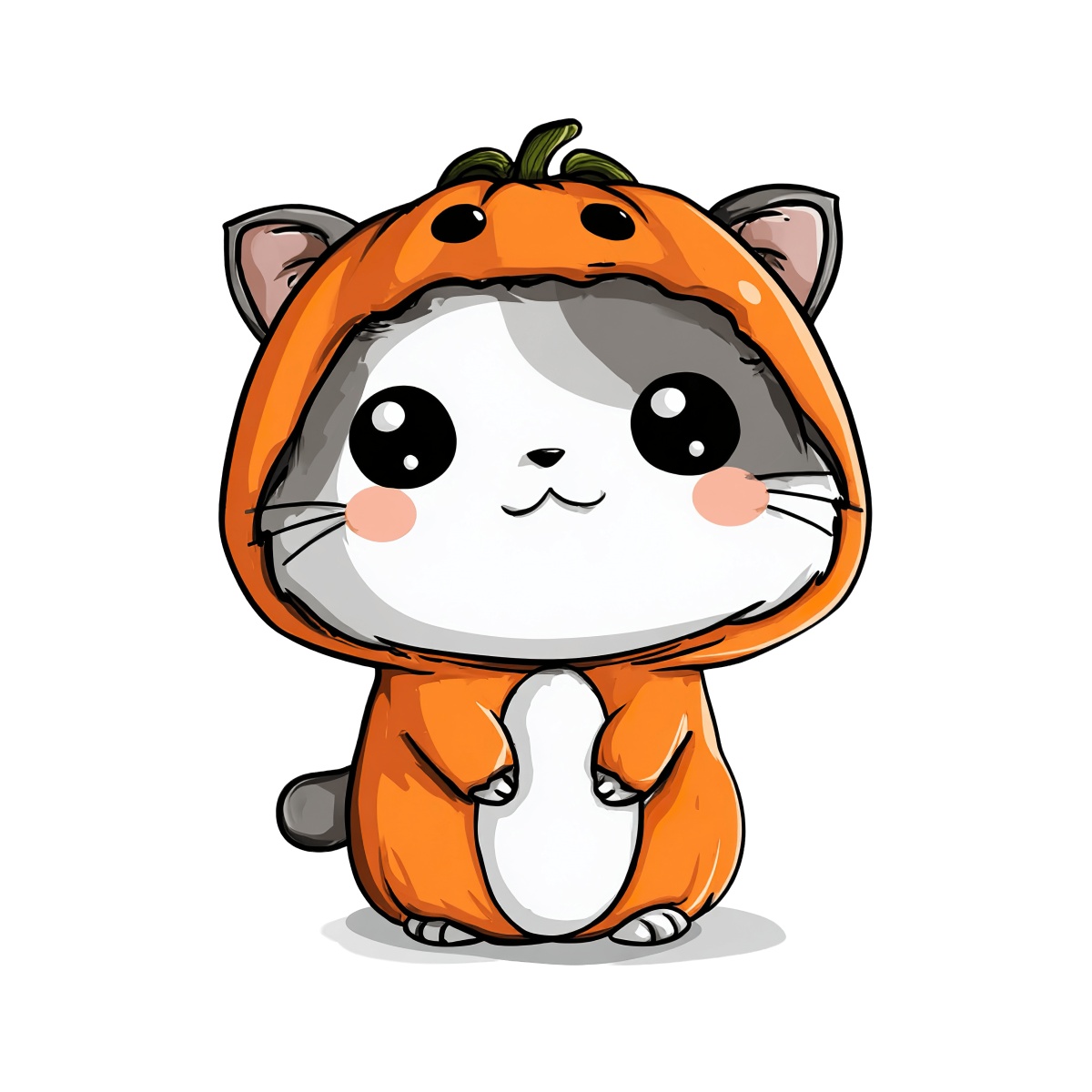 Illustration of a cartoon cat in an orange pumpkin hoodie with a plain background.