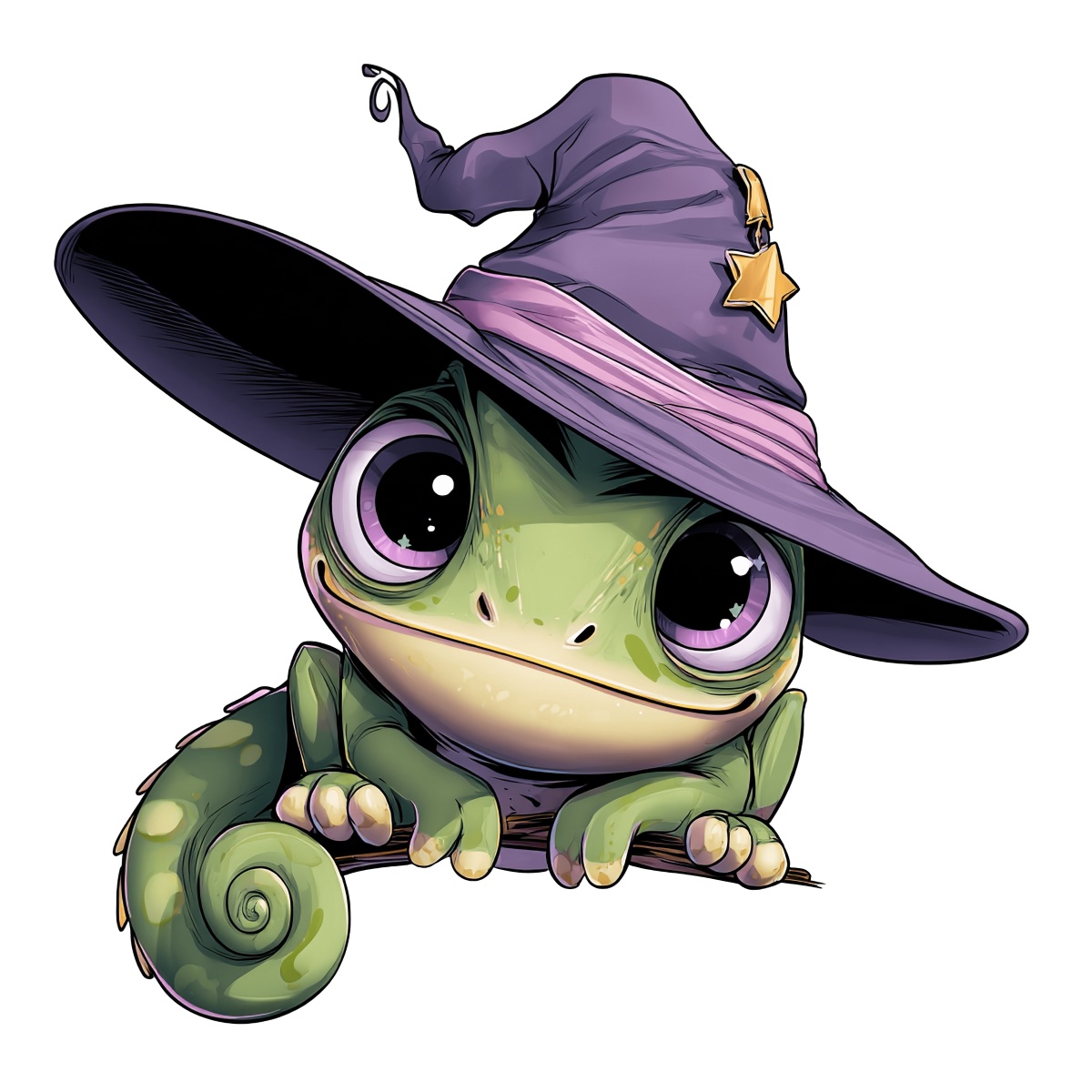 Cartoon image of a green chameleon wearing a purple wizard hat with a star.