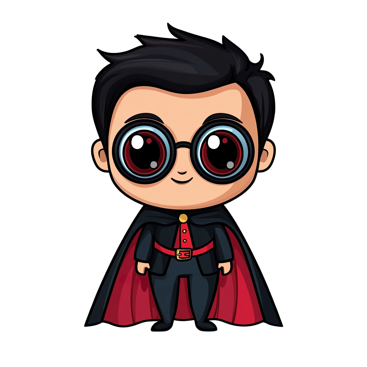 Cartoon character with black cape and large round glasses on a white background.
