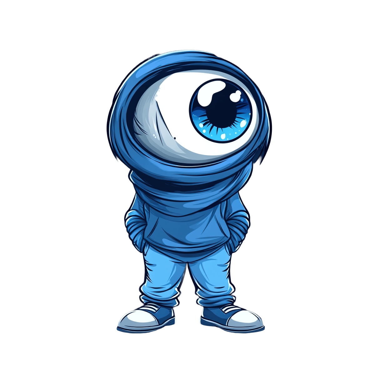 Cartoon character with a large eye wearing a blue hoodie.