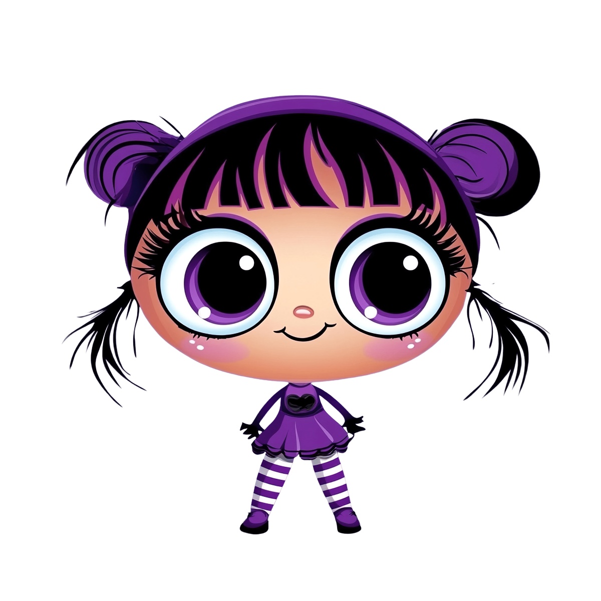 Cartoon character with large eyes in a purple dress and striped leggings.
