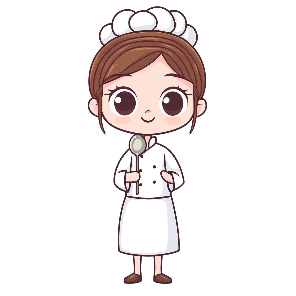 Cartoon chef character in white uniform holding a spoon.