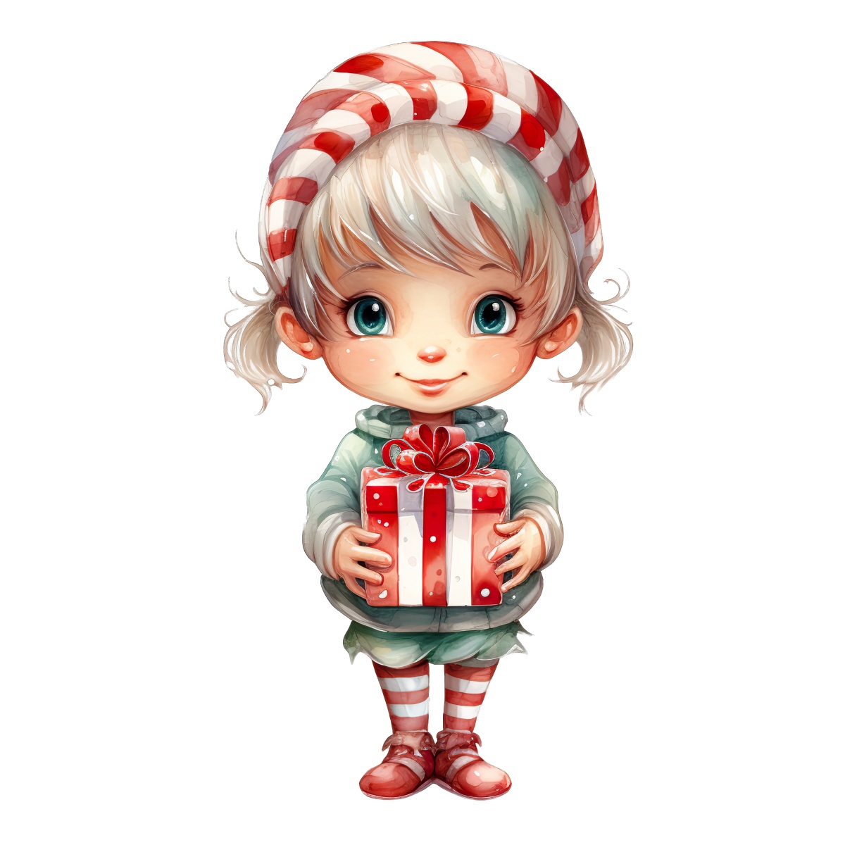 Cartoon child in striped Santa hat holding a wrapped gift box.