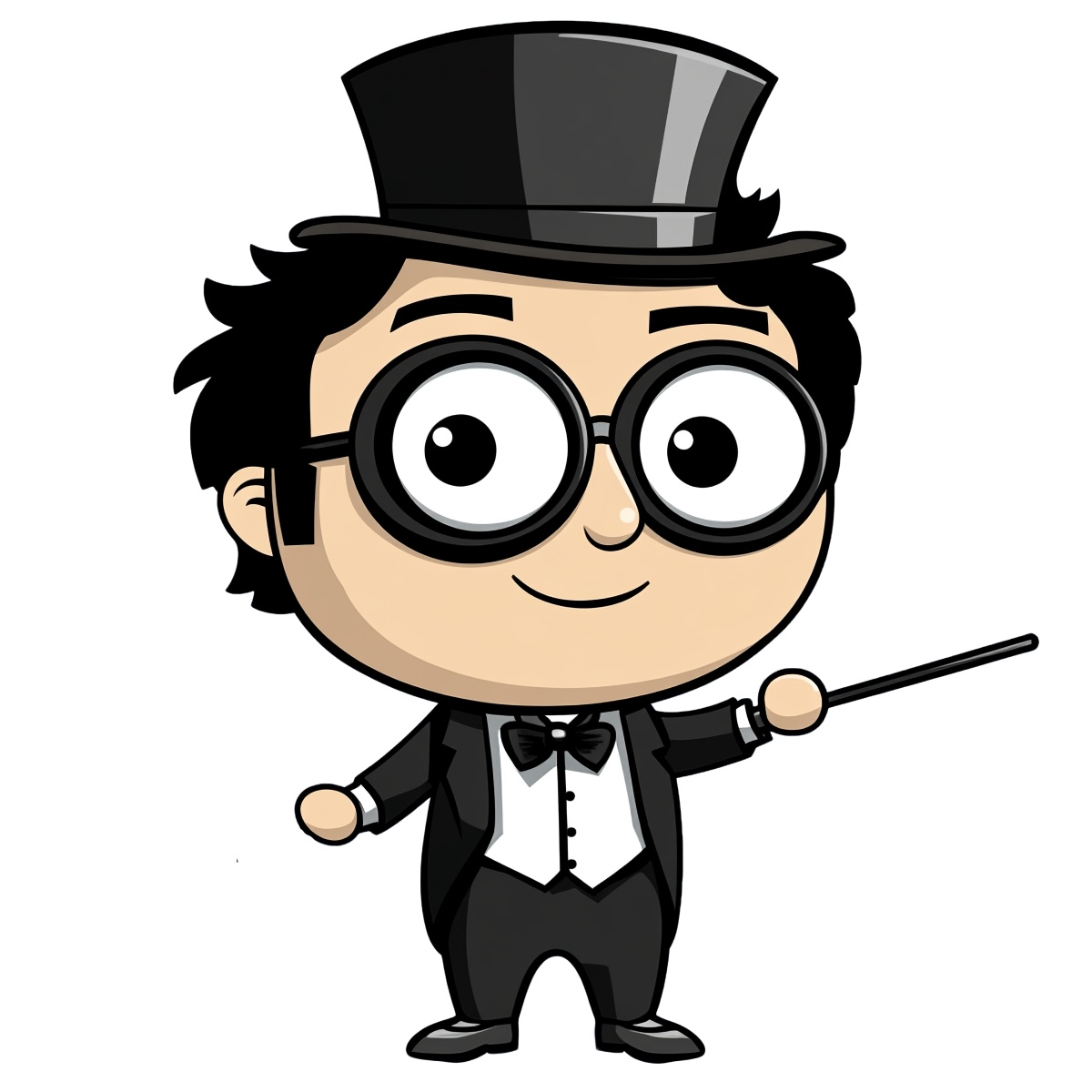 Cartoon conductor in tuxedo holding a baton, wearing glasses and top hat.