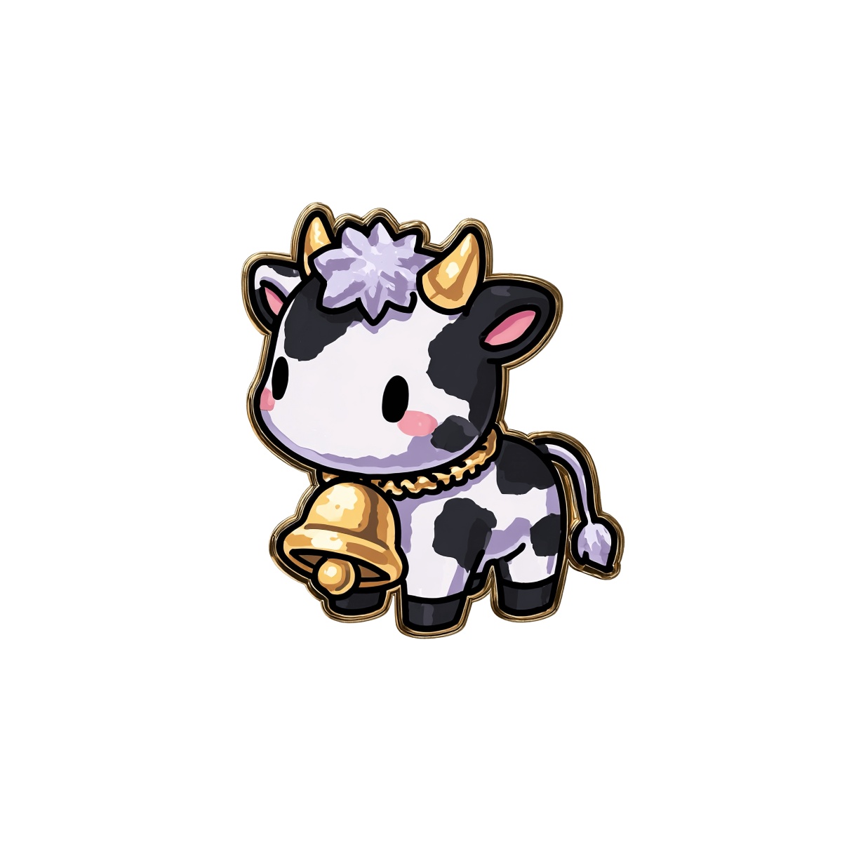 Cartoon cow with black and white spots, horns, and a neck bell.