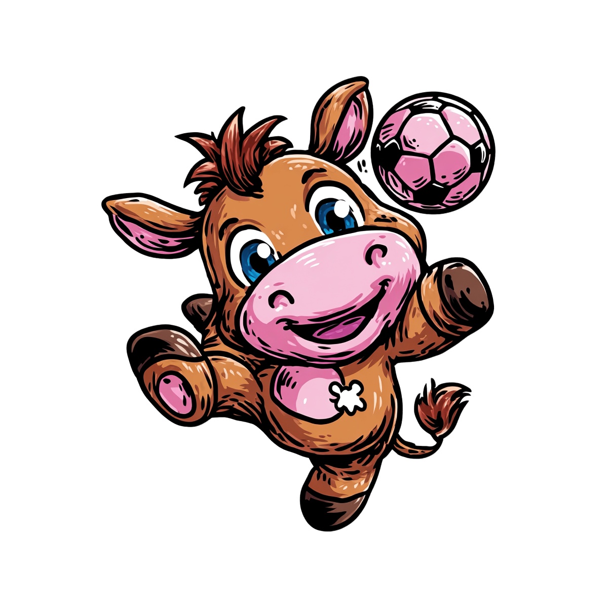 Cartoon cow playing soccer with a pink ball