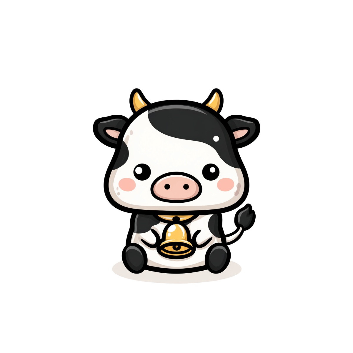 Cartoon cow with black spots and a bell around its neck.