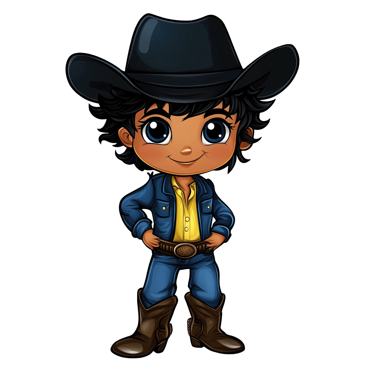 Cartoon cowboy character in blue outfit with black hat and boots.