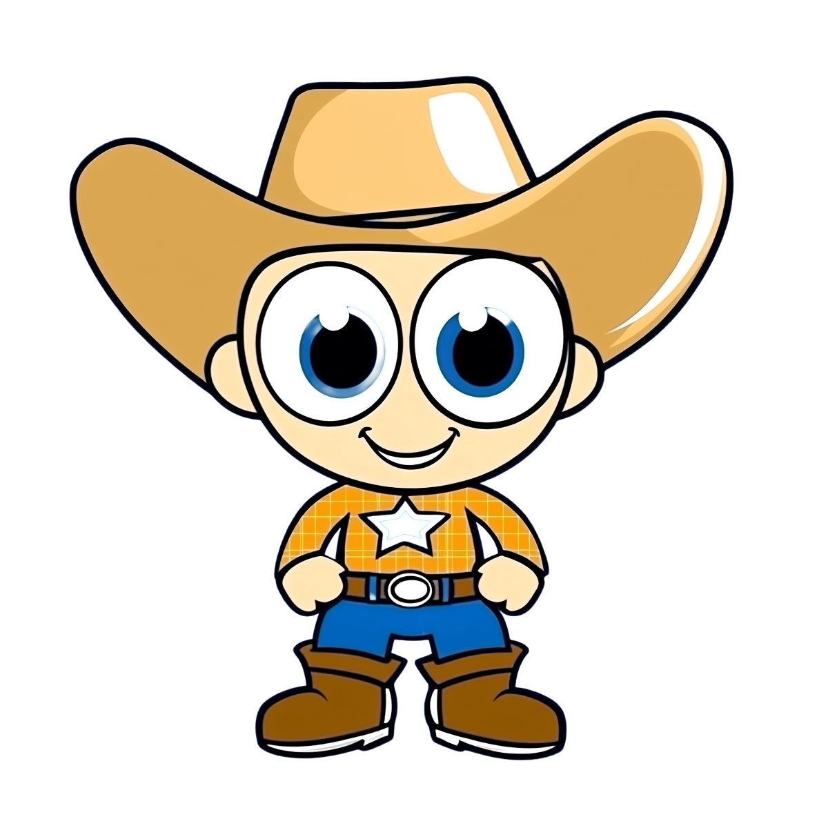 Cartoon cowboy character wearing a hat and boots with a star emblem.
