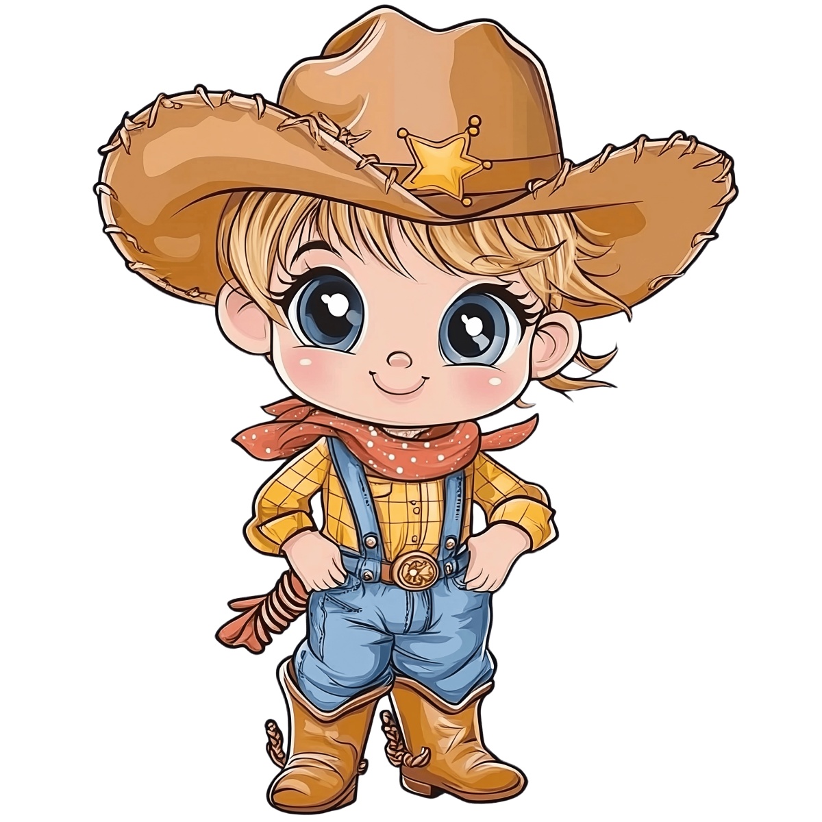 Cartoon cowboy character in western outfit with hat and boots.