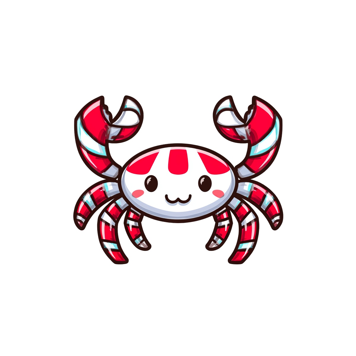 Cartoon crab illustration with red and white striped pattern and large pincers.