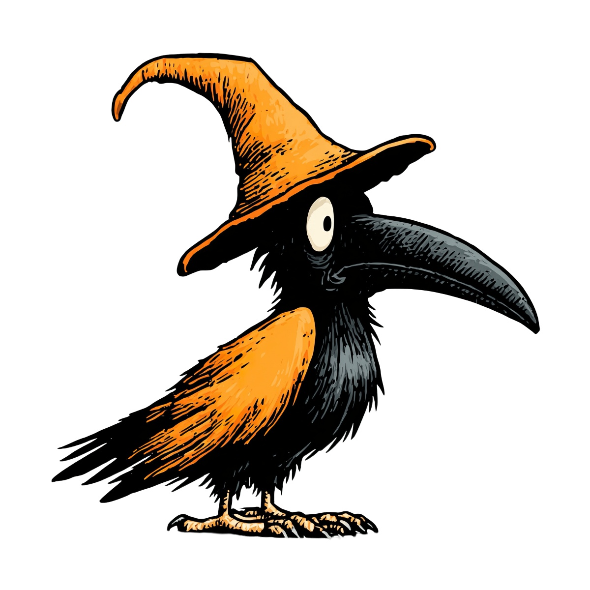 Cartoon crow with black feathers and an orange hat.