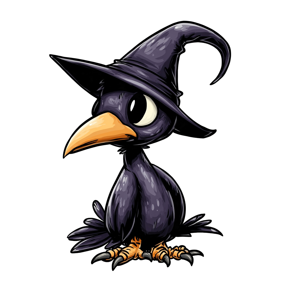Cartoon crow wearing a witch hat with an orange beak.