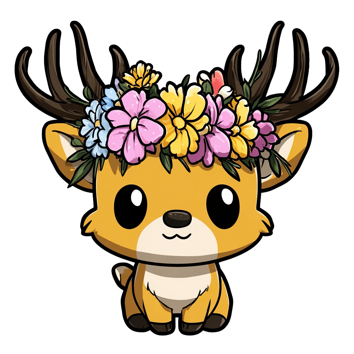 Deer with antlers and flower crown in cartoon style.