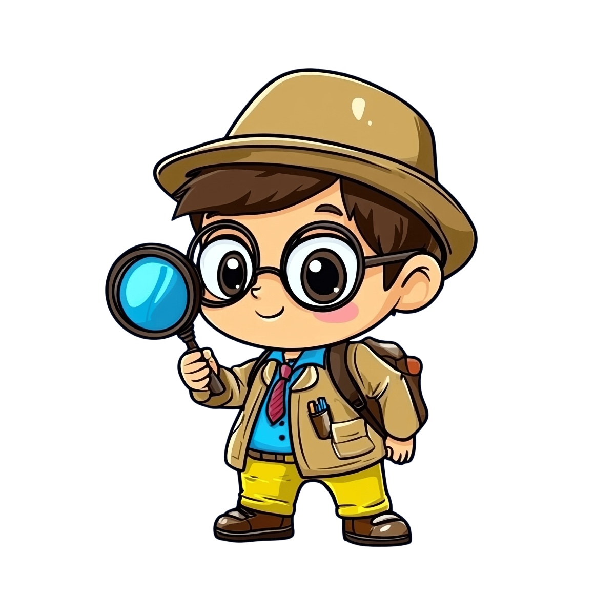 Cartoon detective character holding a magnifying glass and wearing a hat.