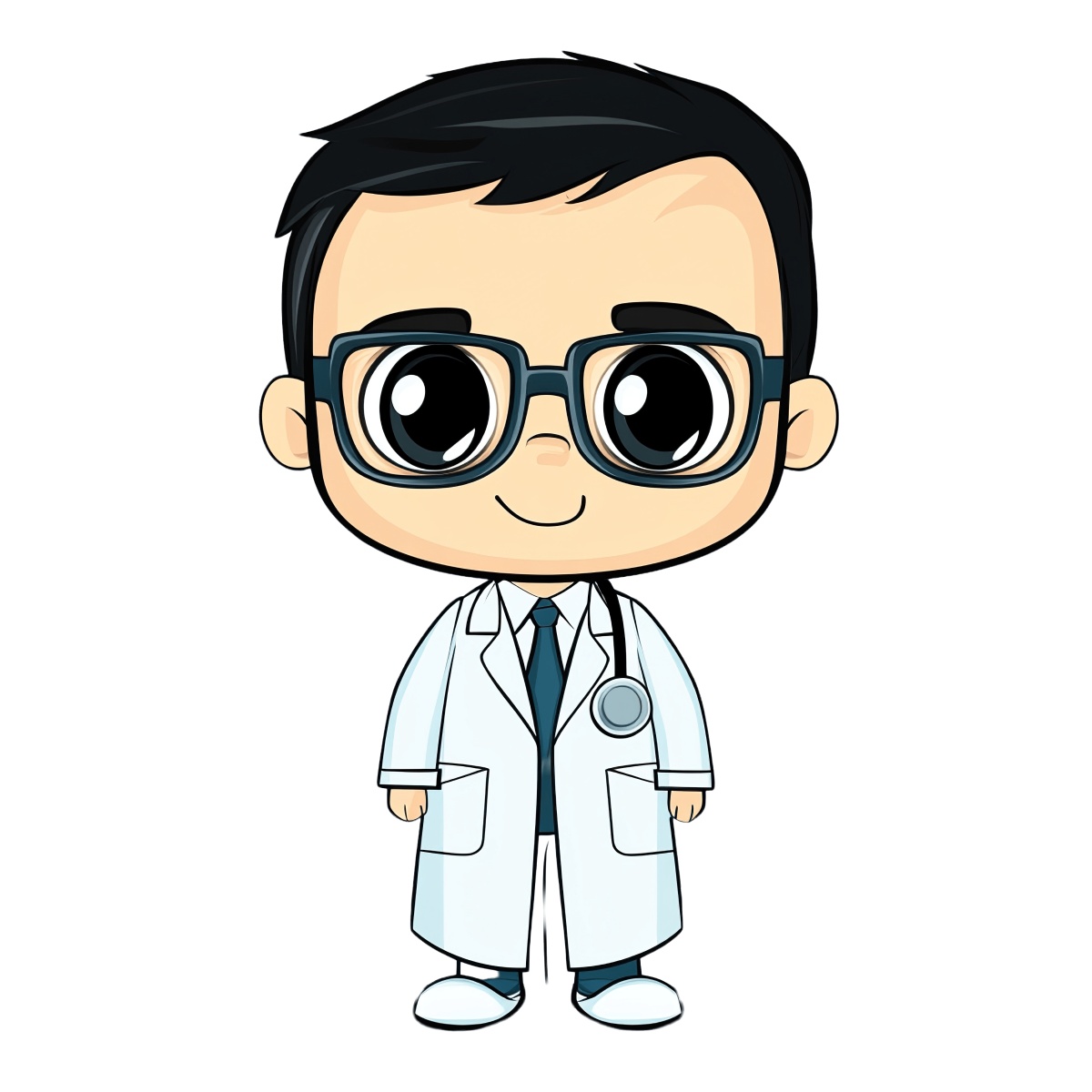 Cartoon doctor character wearing a white lab coat and glasses.