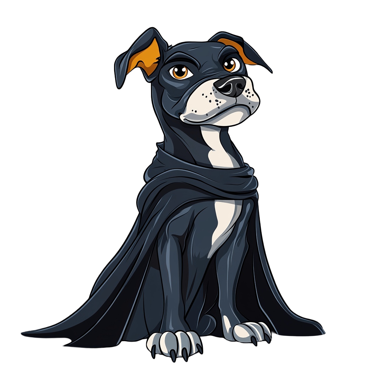 Cartoon dog in a black superhero cape sitting proudly.