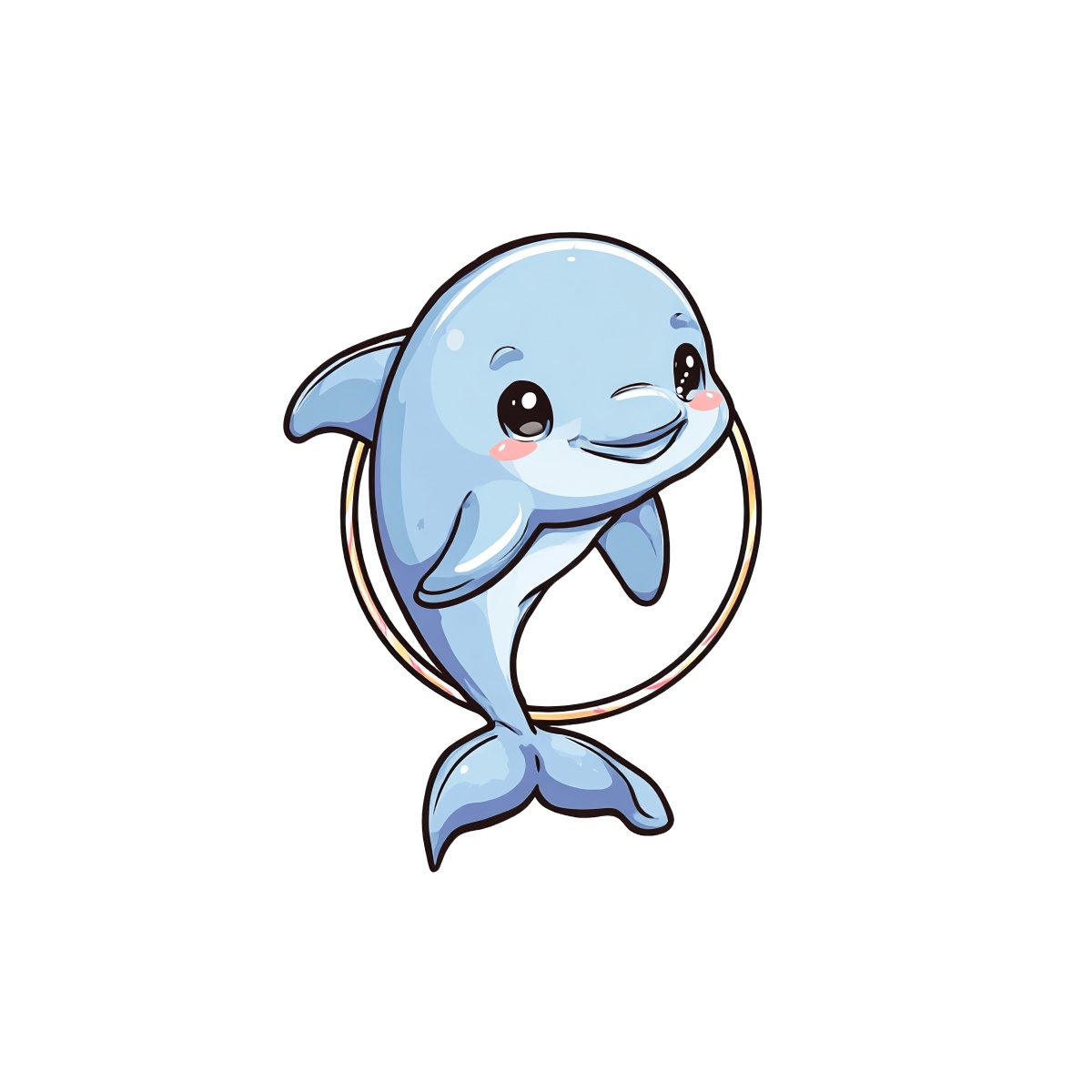 Blue cartoon dolphin jumping through a hoop on white background.