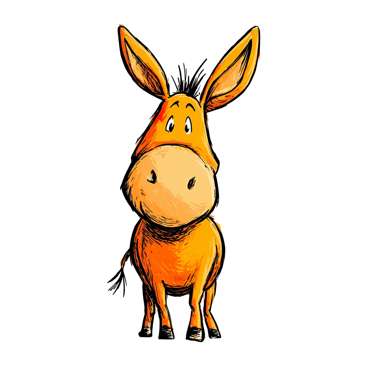 Orange cartoon donkey with prominent ears and tail standing.