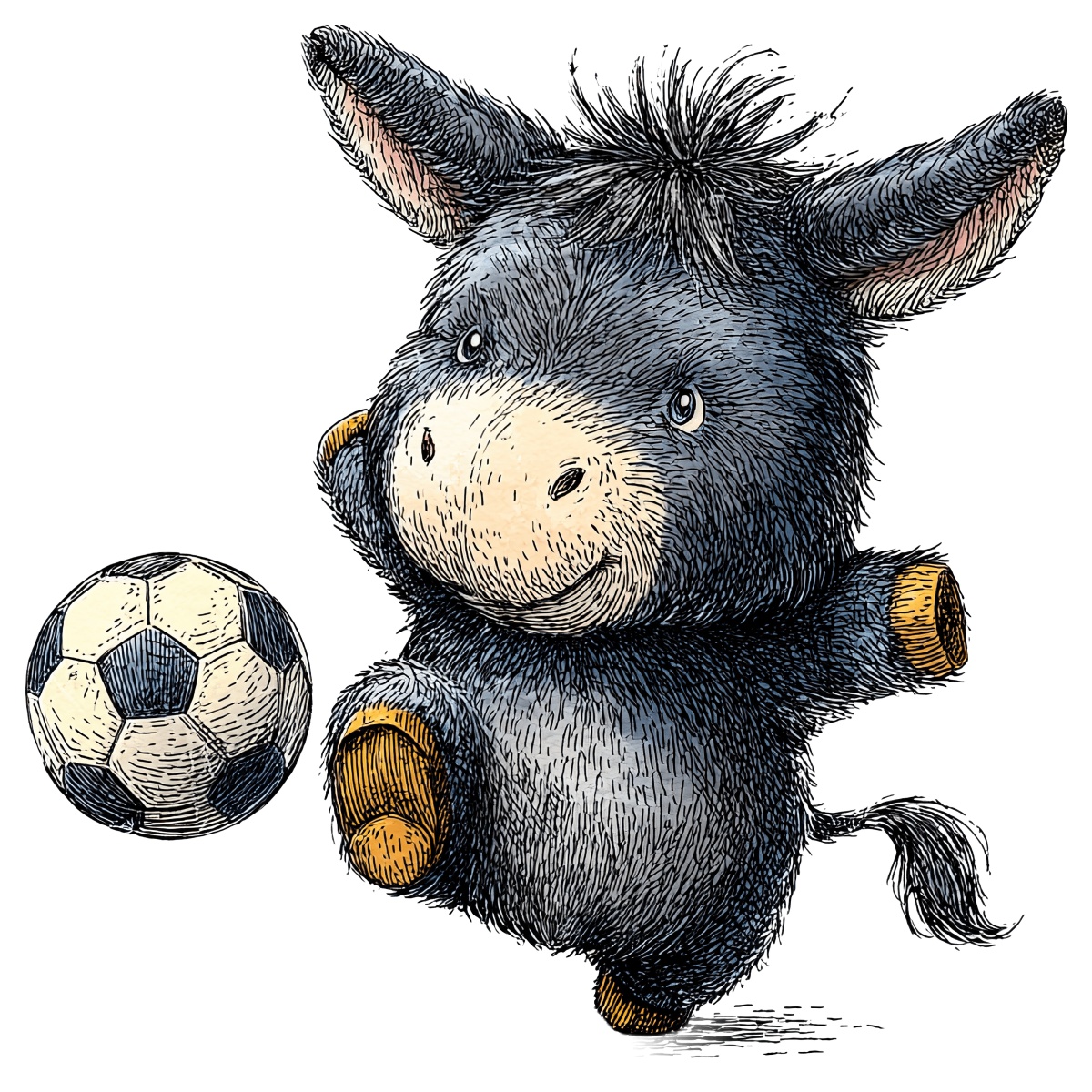 A cartoon donkey kicking a soccer ball to the side.