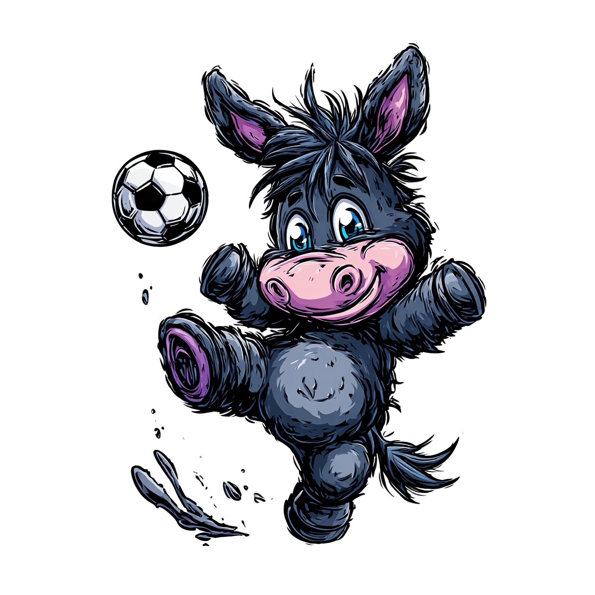 Cartoon donkey kicking a soccer ball with raised hoof.