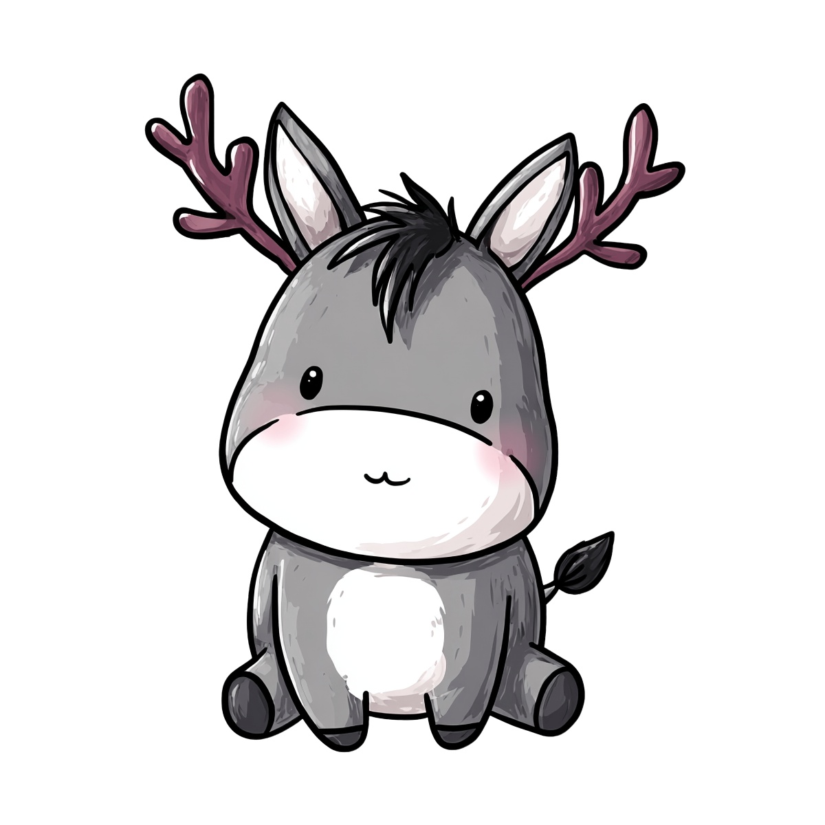 Cartoon grey donkey with antlers sitting on black background.