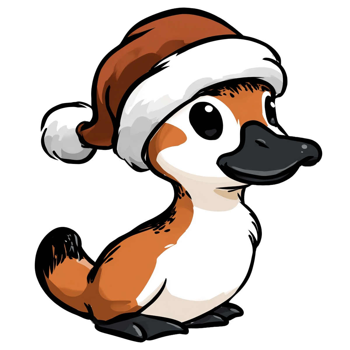 Cartoon duckling with brown and white feathers wearing a Santa hat.