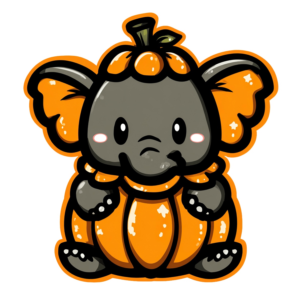 Cartoon elephant in pumpkin attire with orange ears and stem.