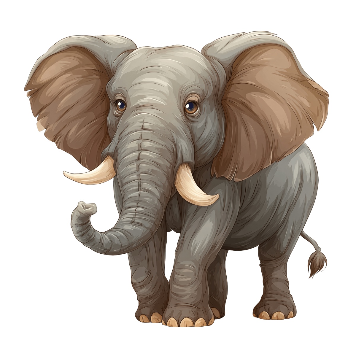 Cartoon elephant with big ears and curved tusks