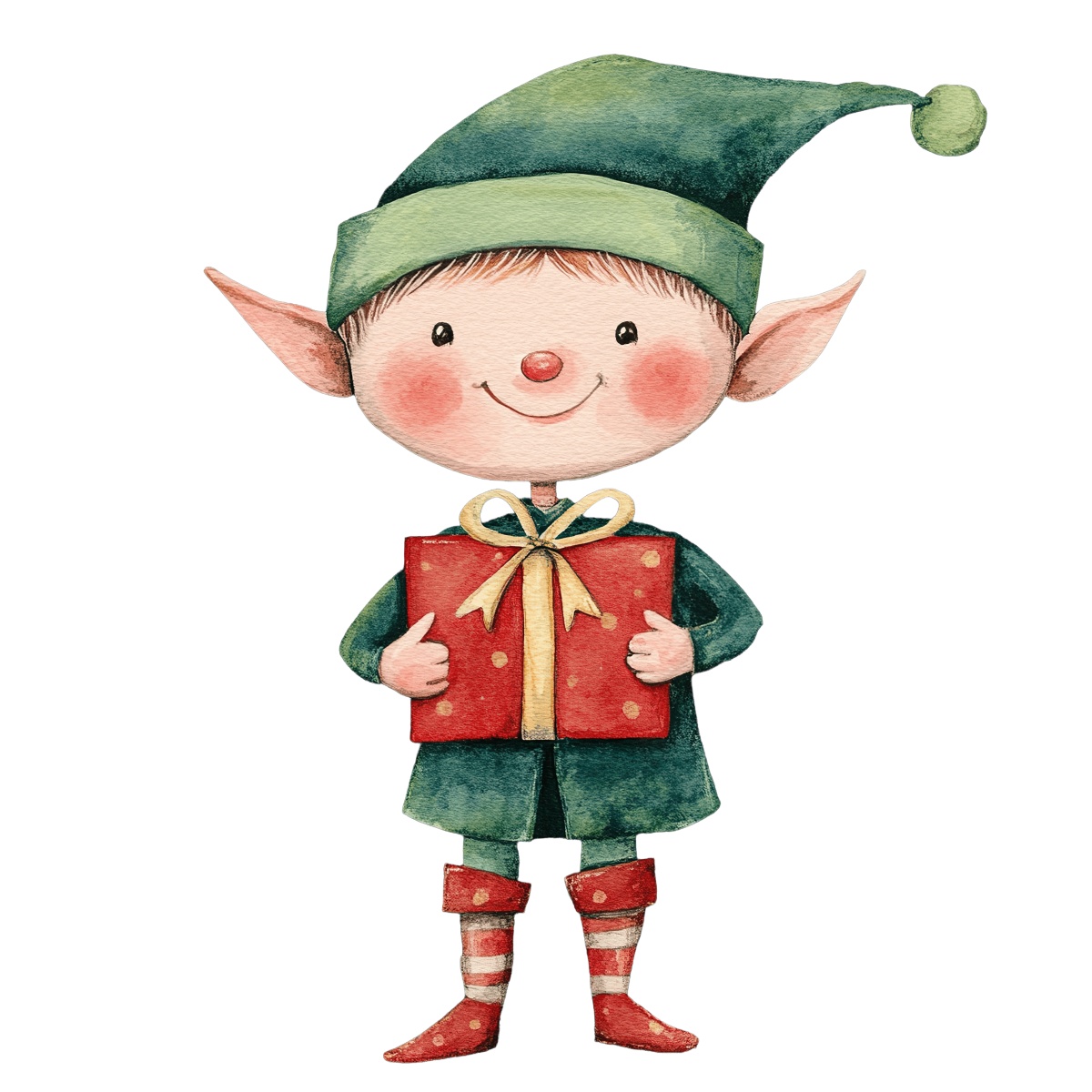 Cartoon elf with red gift wearing green outfit and hat.