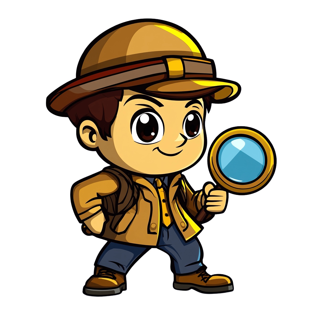 Cartoon explorer character with a magnifying glass and hat, ready for adventure.